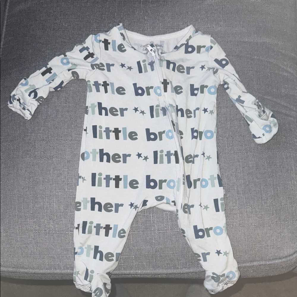 Caden Lane White and Blue 'Little Brother' Footie. Size newborn.